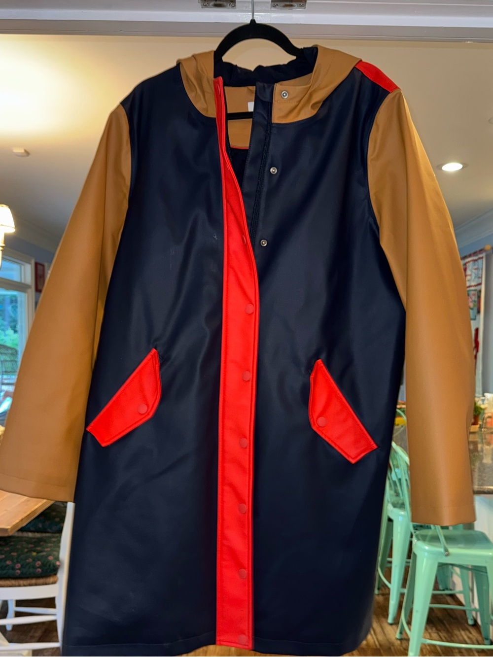 Boden Colour Block Raincoat Navy Orange Tan Red Waterproof Hooded Jacket